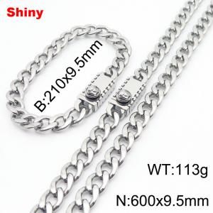 9.5MM Silver Color Stainless Steel Cuban Chain Medusa Charms Snap 21cm Bracelet and 60cm Necklace Set Fashion Shiny Jewelry Sets For Men and Women - KS218748-Z