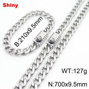 9.5MM Silver Color Stainless Steel Cuban Chain Medusa Charms Snap 21cm Bracelet and 70cm Necklace Set Fashion Shiny Jewelry Sets For Men and Women - KS218750-Z