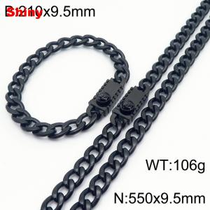 9.5MM Black Color Stainless Steel Cuban Chain Medusa Charms Snap 21cm Bracelet and 55cm Necklace Set Fashion Shiny Jewelry Sets For Men and Women - KS218754-Z