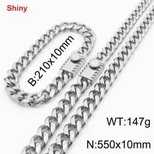 Fashionable stainless steel polished Cuban chain square buckle bracelet necklace two-piece set - KS218810-Z