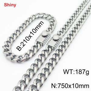 Fashionable stainless steel polished Cuban chain square buckle bracelet necklace two-piece set - KS218814-Z