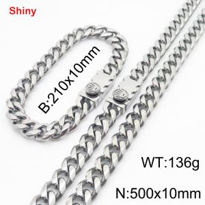 Fashionable stainless steel polished Cuban chain square crown buckle bracelet necklace two-piece set - KS218830-Z