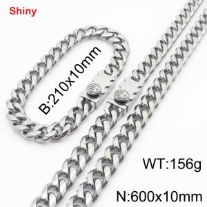 Fashionable stainless steel polished Cuban chain square crown buckle bracelet necklace two-piece set - KS218832-Z