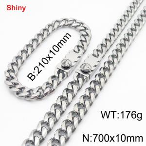 Fashionable stainless steel polished Cuban chain square crown buckle bracelet necklace two-piece set - KS218834-Z