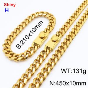 450&210x10MM Gold Colour Stainless Steel Cuban Chain Bracelet Necklace Set Fashion Shining Jewelry Set - KS218864-Z