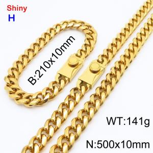 500&210x10MM Gold Colour Stainless Steel Cuban Chain Bracelet Necklace Set Fashion Shining Jewelry Set - KS218865-Z