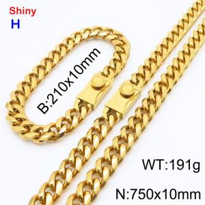 750&210x10MM Gold Colour Stainless Steel Cuban Chain Bracelet Necklace Set Fashion Shining Jewelry Set - KS218870-Z