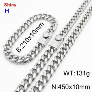 450210x10MM Silver Colour Stainless Steel Cuban Chain Bracelet Necklace Set Fashion Shining Jewelry Set - KS218871-Z