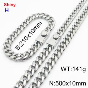 500&210x10MM Silver Colour Stainless Steel Cuban Chain Bracelet Necklace Set Fashion Shining Jewelry Set - KS218872-Z