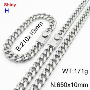 650&210x10MM Silver Colour Stainless Steel Cuban Chain Bracelet Necklace Set Fashion Shining Jewelry Set - KS218875-Z