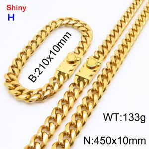 450&210x10MM Gold Color Stainless Steel Cuban Chain Bracelet Necklace Set Fashion Shining Jewelry Set - KS218885-Z