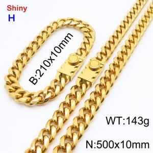 500&210x10MM Gold Color Stainless Steel Cuban Chain Bracelet Necklace Set Fashion Shining Jewelry Set - KS218886-Z