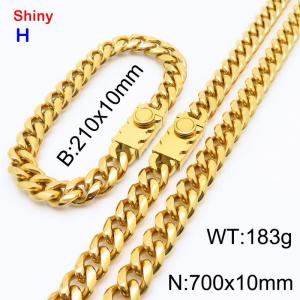 700&210x10MM Gold Color Stainless Steel Cuban Chain Bracelet Necklace Set Fashion Shining Jewelry Set - KS218890-Z