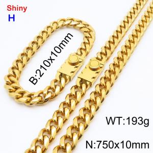 750&210x10MM Gold Color Stainless Steel Cuban Chain Bracelet Necklace Set Fashion Shining Jewelry Set - KS218891-Z