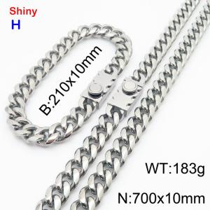 700&210x10MM Silver Stainless Steel Cuban Chain Bracelet Necklace Set Fashion Shining Jewelry Set - KS218897-Z