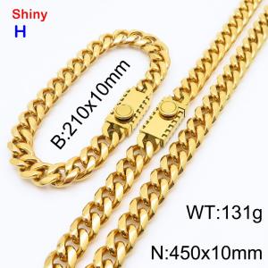 450&210x10MM Gold Color Stainless Steel Cuban Chain Bracelet Necklace Set Fashion Shining Jewelry Set - KS218906-Z