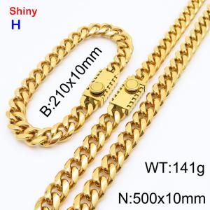 500&210x10MM Gold Color Stainless Steel Cuban Chain Bracelet Necklace Set Fashion Shining Jewelry Set - KS218907-Z