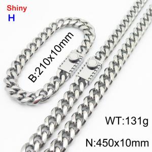 450&210x10MM Silver Stainless Steel Cuban Chain Bracelet Necklace Set Fashion Shining Jewelry Set - KS218913-Z