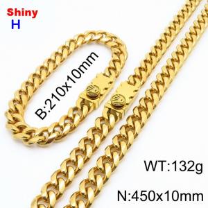 450&210x10MM Gold Color Stainless Steel Cuban Chain Bracelet Necklace Set Fashion Shining Jewelry Set - KS218927-Z