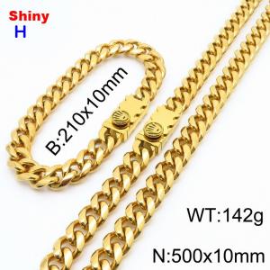 500&210x10MM Gold Color Stainless Steel Cuban Chain Bracelet Necklace Set Fashion Shining Jewelry Set - KS218928-Z