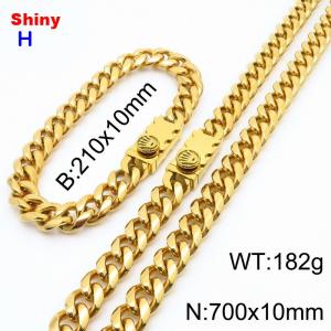 700&210x10MM Gold Color Stainless Steel Cuban Chain Bracelet Necklace Set Fashion Shining Jewelry Set - KS218932-Z