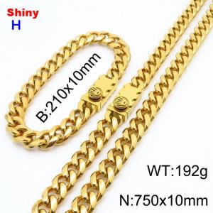 750&210x10MM Gold Color Stainless Steel Cuban Chain Bracelet Necklace Set Fashion Shining Jewelry Set - KS218933-Z