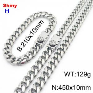 450&210x10MM Silver Stainless Steel Cuban Chain Bracelet Necklace Set Fashion Shining Jewelry Set - KS218934-Z