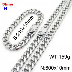 600&210x10MM Silver Stainless Steel Cuban Chain Bracelet Necklace Set Fashion Shining Jewelry Set - KS218937-Z