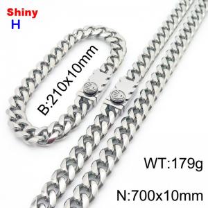 700&210x10MM Silver Stainless Steel Cuban Chain Bracelet Necklace Set Fashion Shining Jewelry Set - KS218939-Z