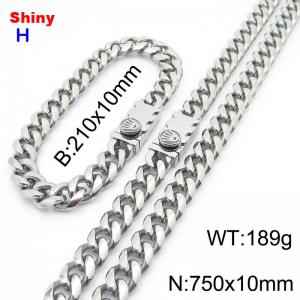 750&210x10MM Silver Stainless Steel Cuban Chain Bracelet Necklace Set Fashion Shining Jewelry Set - KS218940-Z