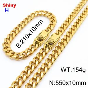 550&210x10MM Gold Color Stainless Steel Cuban Chain Bracelet Necklace Set Fashion Shining Jewelry Set - KS218950-Z