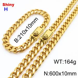 600&210x10MM Gold Color Stainless Steel Cuban Chain Bracelet Necklace Set Fashion Shining Jewelry Set - KS218951-Z