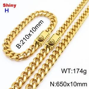 650&210x10MM Gold Color Stainless Steel Cuban Chain Bracelet Necklace Set Fashion Shining Jewelry Set - KS218952-Z