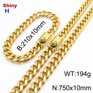 750&210x10MM Gold Color Stainless Steel Cuban Chain Bracelet Necklace Set Fashion Shining Jewelry Set - KS218954-Z