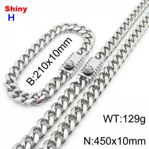 450&210x10MM Silver Stainless Steel Cuban Chain Bracelet Necklace Set Fashion Shining Jewelry Set - KS218955-Z