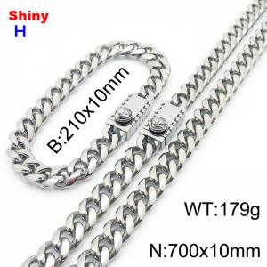 700&210x10MM Silver Stainless Steel Cuban Chain Bracelet Necklace Set Fashion Shining Jewelry Set - KS218960-Z