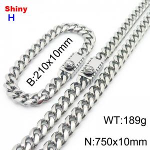 750&210x10MM Silver Stainless Steel Cuban Chain Bracelet Necklace Set Fashion Shining Jewelry Set - KS218961-Z