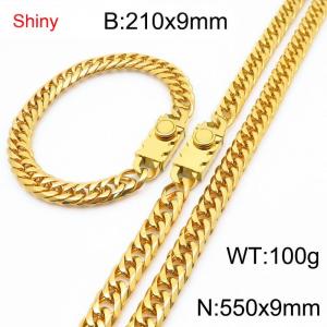 9mm Shiny Link Chain Bracelet & Necklace Jewelry Set With Unique Clasp Men Women Stainless Steel 304 Gold Color - KS218971-Z