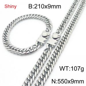 9mm Shiny Link Chain Bracelet & Necklace Jewelry Set With Unique Clasp Men Women Stainless Steel 304 Silver Color - KS218978-Z