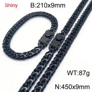 9mm Shiny Link Chain Bracelet & Necklace Jewelry Set With Unique Clasp Men Women Stainless Steel 304 Black Color - KS218983-Z