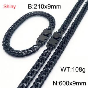 9mm Shiny Link Chain Bracelet & Necklace Jewelry Set With Unique Clasp Men Women Stainless Steel 304 Black Color - KS218986-Z