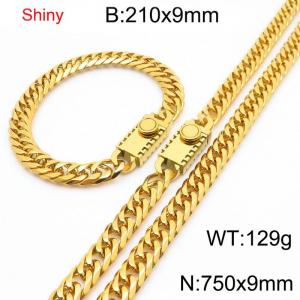 9mm Shiny Link Chain Bracelet & Necklace Jewelry Set With Unique Clasp Men Women Stainless Steel 304 Gold Color - KS218996-Z