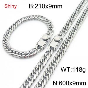 9mm Shiny Link Chain Bracelet & Necklace Jewelry Set With Unique Clasp Men Women Stainless Steel 304 Silver Color - KS219000-Z