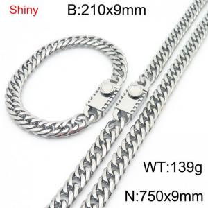 9mm Shiny Link Chain Bracelet & Necklace Jewelry Set With Unique Clasp Men Women Stainless Steel 304 Silver Color - KS219003-Z