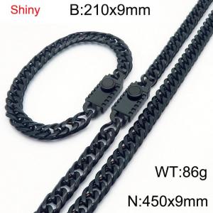 9mm Shiny Link Chain Bracelet & Necklace Jewelry Set With Unique Clasp Men Women Stainless Steel 304 Black Color - KS219004-Z