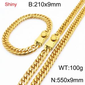 9mm Shiny Link Chain Bracelet & Necklace Jewelry Set With Unique Clasp Men Women Stainless Steel 304 Gold Color - KS219013-Z