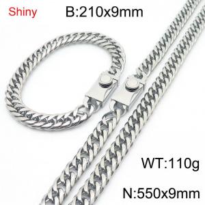 9mm Shiny Link Chain Bracelet & Necklace Jewelry Set With Unique Clasp Men Women Stainless Steel 304 Silver Color - KS219020-Z