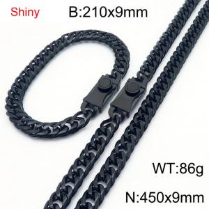 9mm Shiny Link Chain Bracelet & Necklace Jewelry Set With Unique Clasp Men Women Stainless Steel 304 Black Color - KS219025-Z