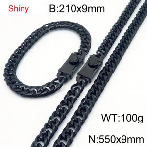 9mm Shiny Link Chain Bracelet & Necklace Jewelry Set With Unique Clasp Men Women Stainless Steel 304 Black Color - KS219027-Z