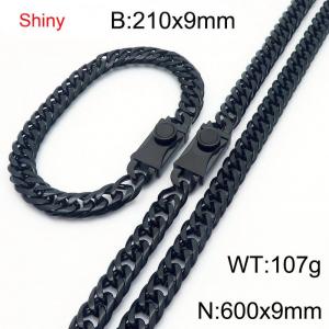 9mm Shiny Link Chain Bracelet & Necklace Jewelry Set With Unique Clasp Men Women Stainless Steel 304 Black Color - KS219028-Z